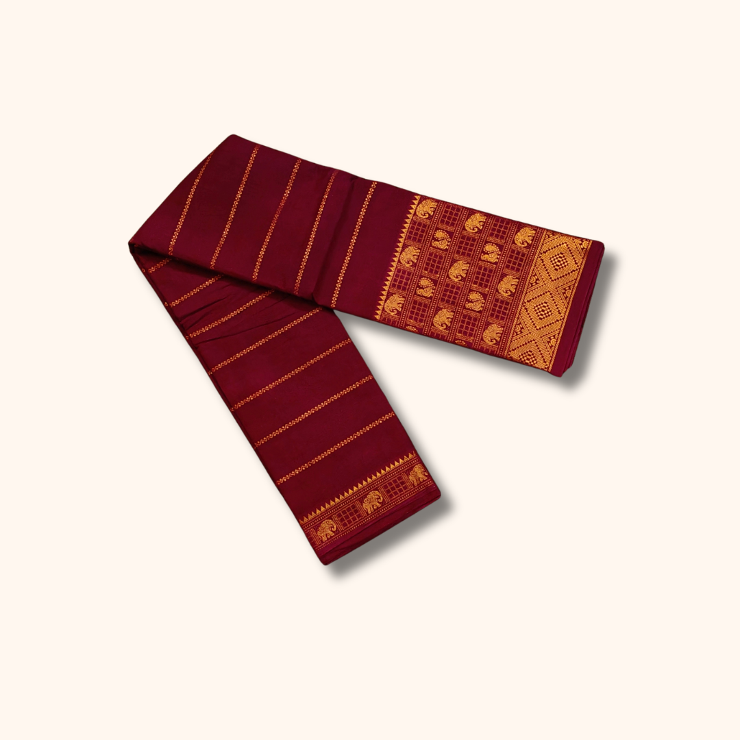 Maroon Cotton Saree with Traditional Gold Elephant Border – Running Blouse