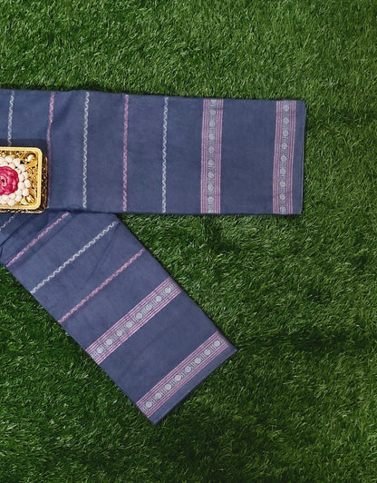 Slate Grey Sungudi Cotton Saree with Zari Stripe Design