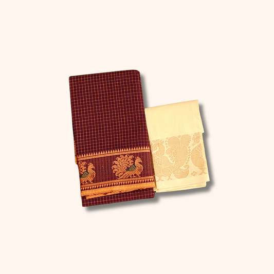 Maroon Thread Work Zari Chettinad Cotton Saree with Separate Blouse