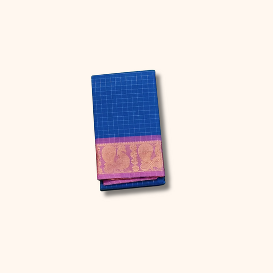 Royal Blue Chettinad Cotton Saree with Pink & Gold Peacock Border Without Blouse