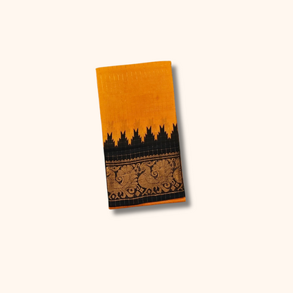 Checked Sungudi Cotton Saree – Mustard Yellow with Black Peacock Zari Border | Running Blouse