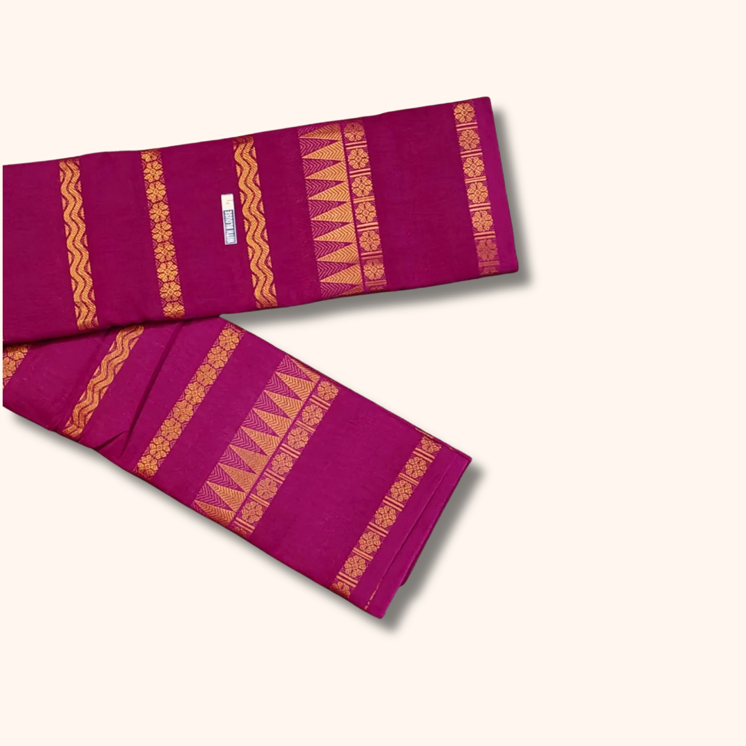 Magenta Cotton Saree with Gold Zari Floral & Geometric Stripes – Separate Blouse