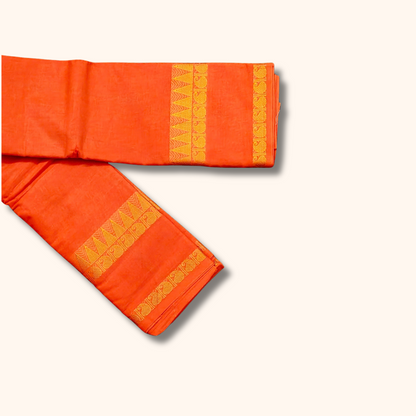 Orange Cotton Saree with Gold Zari Stripes & Traditional Border – Running Blouse Included
