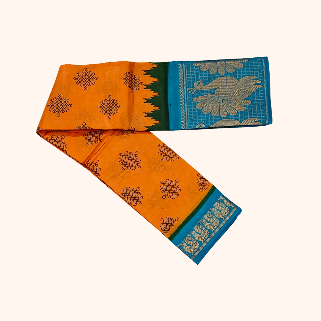 Orange Kolam Sungudi Cotton Saree with Peacock Border