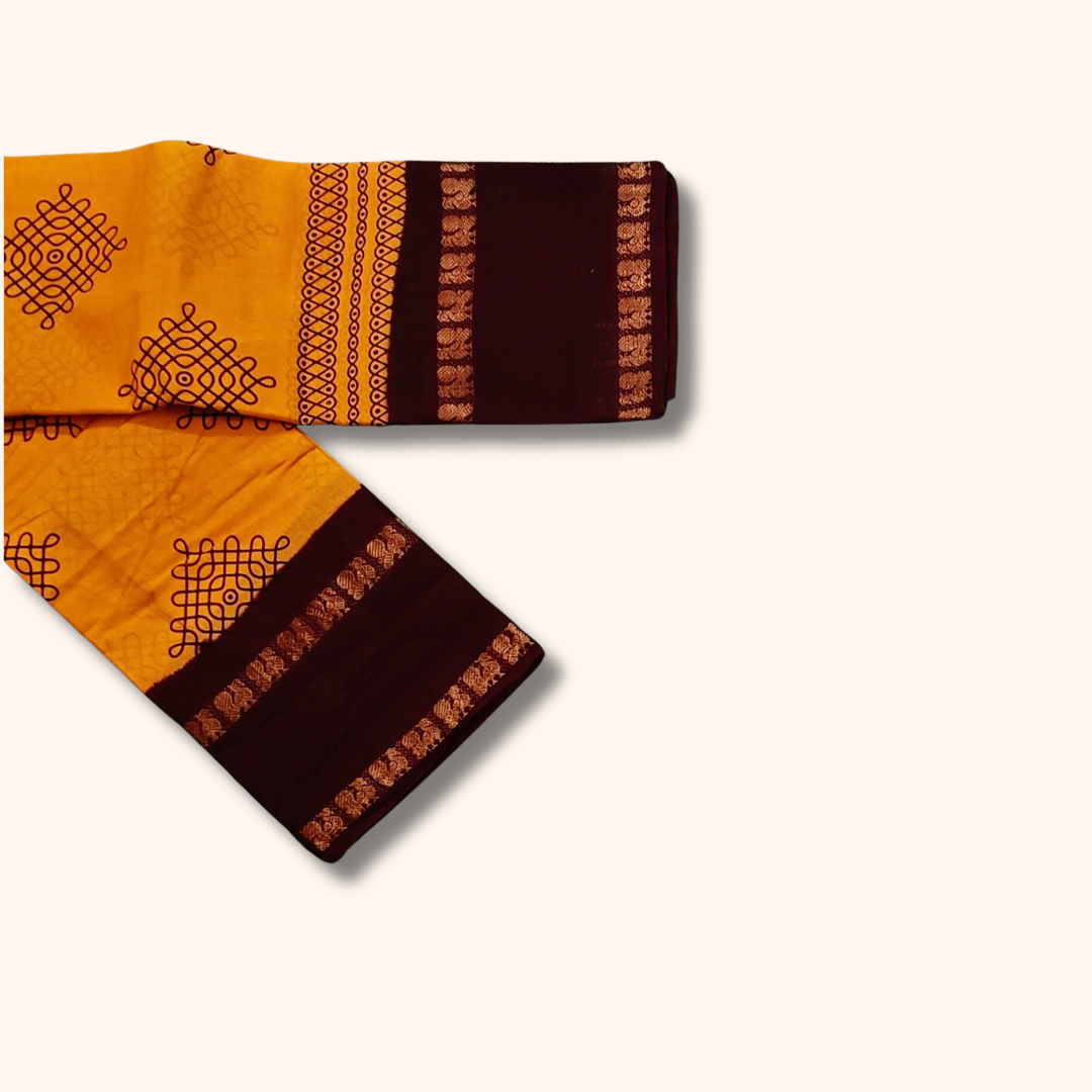 Mustard Yellow Sungudi Cotton Saree with Maroon Border & Gold Zari