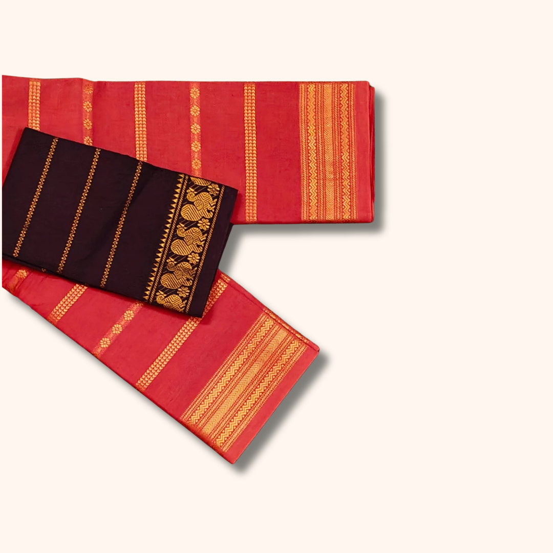 Coral Red Cotton Saree with Maroon Contrast Blouse & Zari Border