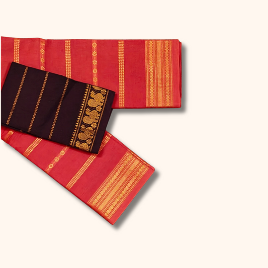 Coral Red Cotton Saree with Maroon Contrast Blouse & Zari Border