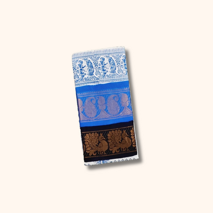White & Royal Blue Printed Sungudi Cotton Saree with Traditional Zari Border