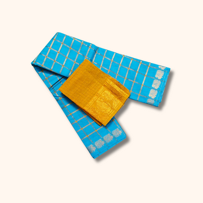 Sky Blue Checked Sungudi Saree with Golden Zari Border – Separate Blouse Piece