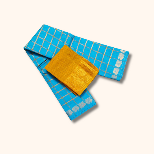 Sky Blue Checked Sungudi Saree with Golden Zari Border – Separate Blouse Piece
