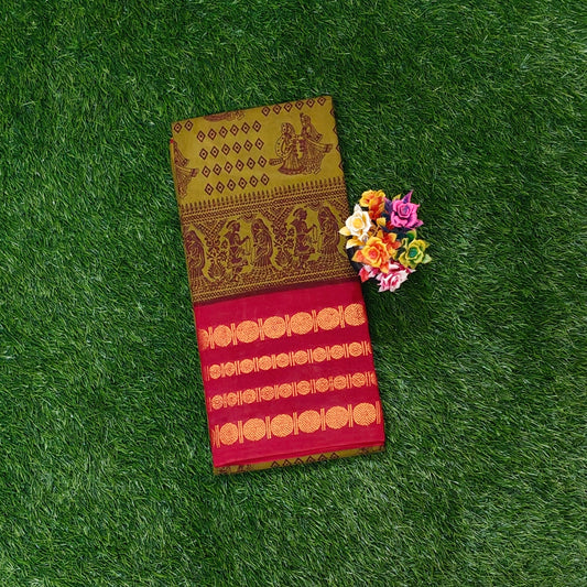 Olive Green Sungudi Cotton Saree with Maroon Traditional Border