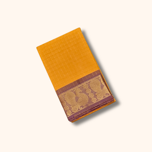 Rich Yellow Chettinad Cotton Saree with purple shade Peacock Border