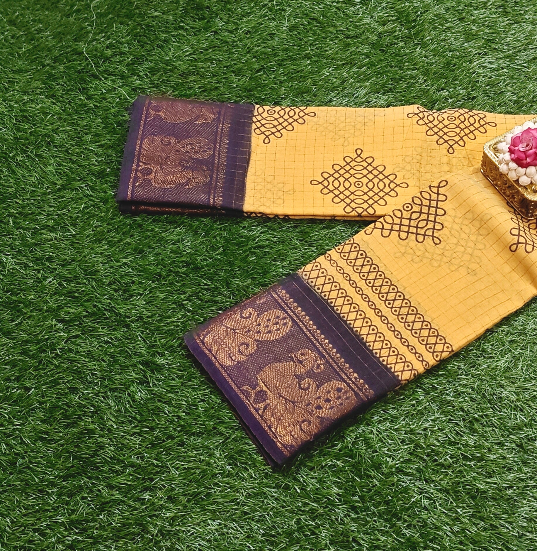 Attractive Mustard Yellow Kolam Design Sungudi Cotton Saree with Chocolate Brown Zari Border