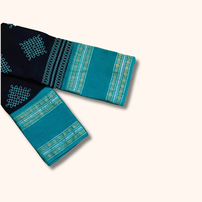 Navy Blue and Teal Blue Kolam Design Cotton Saree with Running Blouse