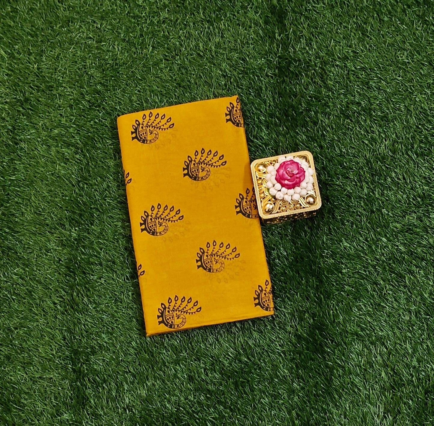 Mustard Yellow Sungudi Cotton Saree with Peacock Print Design