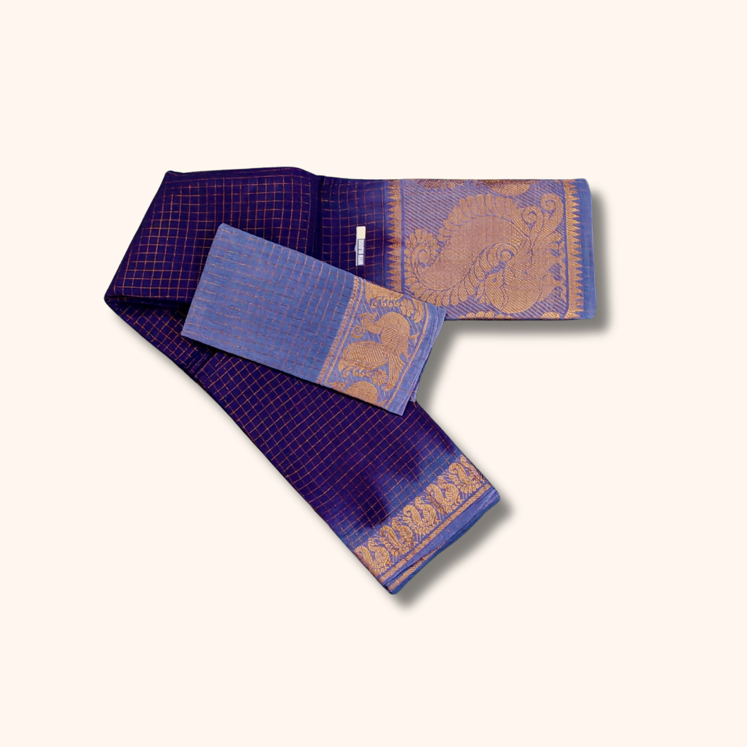 Royal Blue Checked Sungudi Cotton Saree with Gold Zari Border – Separate Blouse Piece