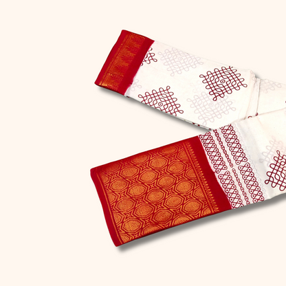 White Kolam Sungudi Cotton Saree with Geometric Border
