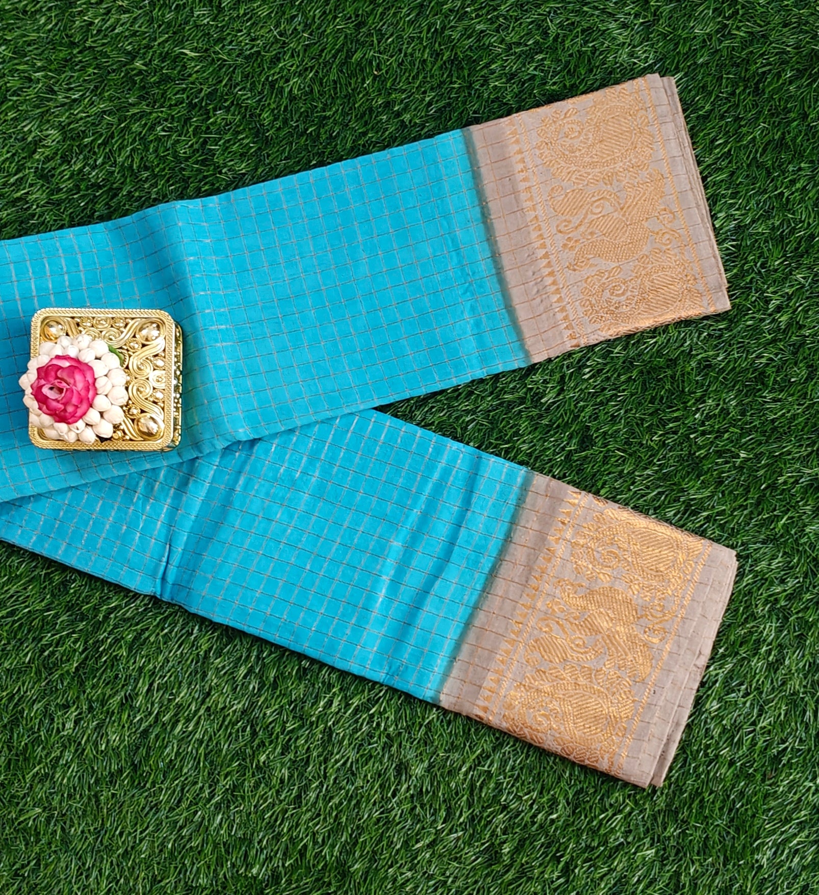 Authentic Pure Cotton Gold Checked Saree – Sky Blue with Elegant Zari Border