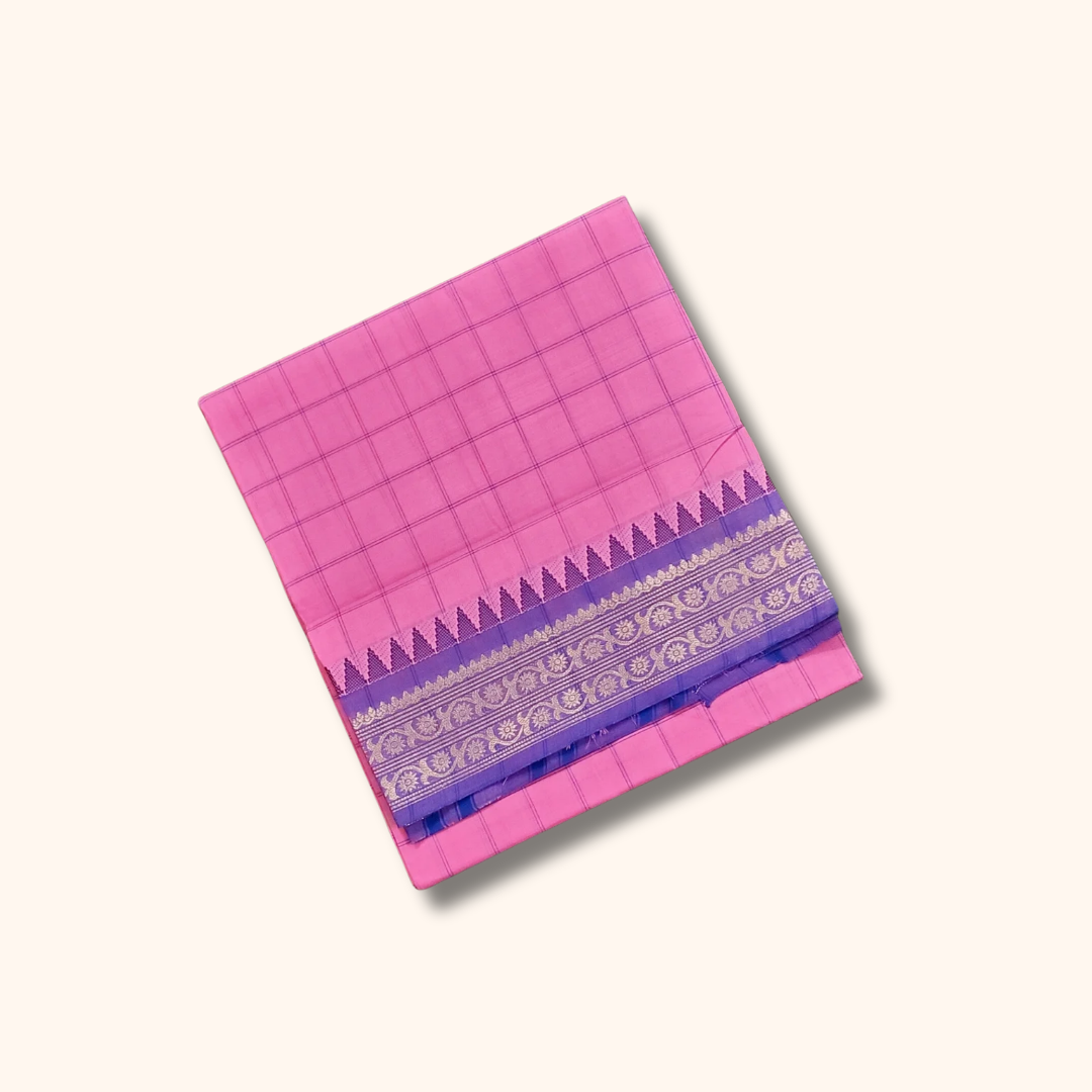 Pink Checked Cotton Saree with Lavender Traditional Border