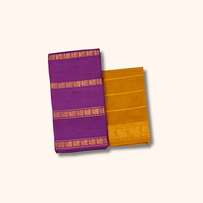 Royal Purple Cotton Saree with Gold Zari Border & Mustard Yellow Separate Blouse