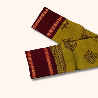 Olive Green & Maroon Kolam Cotton Saree with Running Blouse