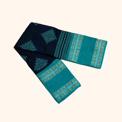 Navy Blue and Teal Blue Kolam Design Cotton Saree with Running Blouse