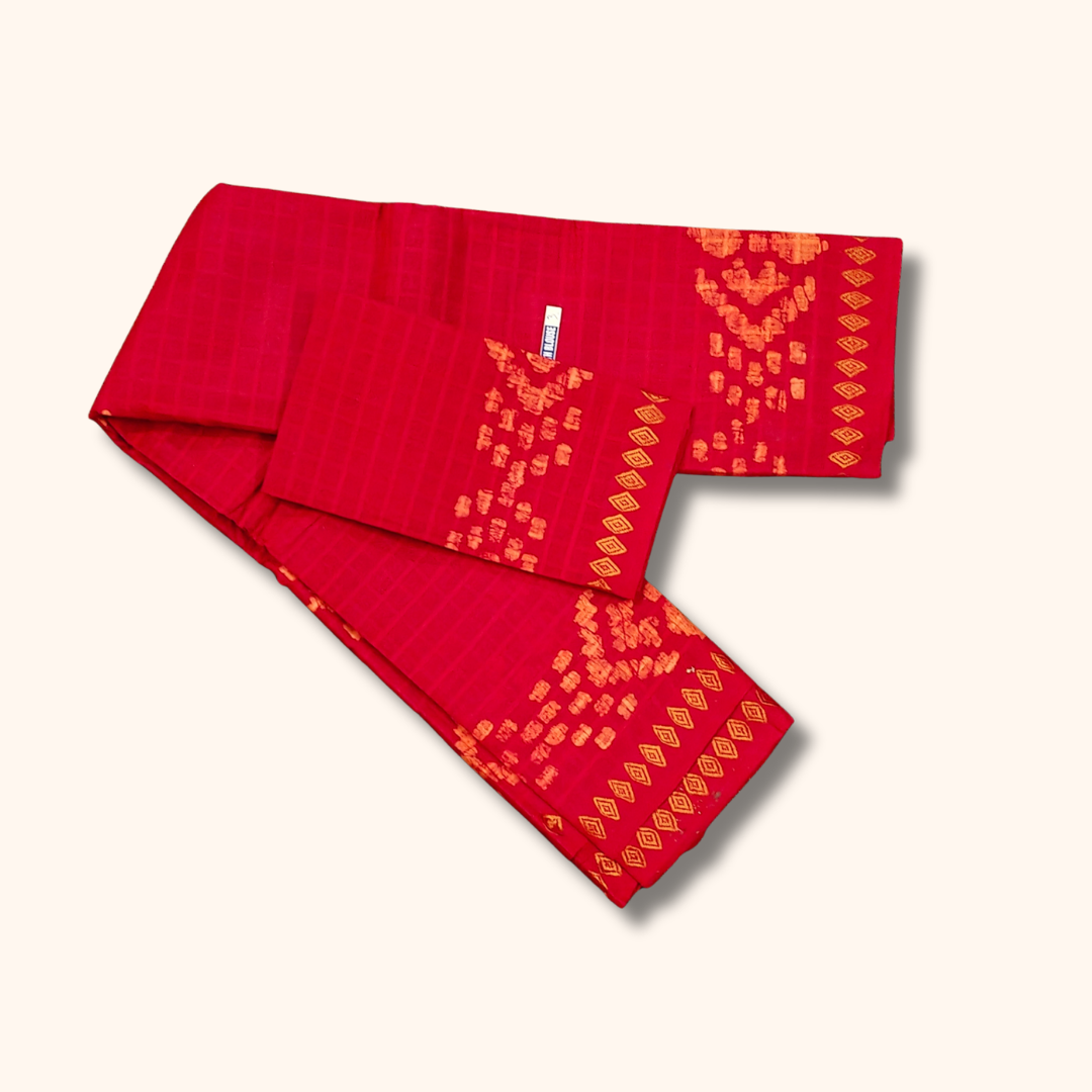 Ruby Red Sungudi Cotton Saree with Traditional Batik Border & Matching Blouse Piece