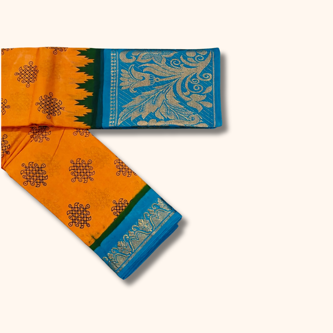 Mustard Yellow Soft Cotton Saree with Sky Blue Floral Jacquard Pallu