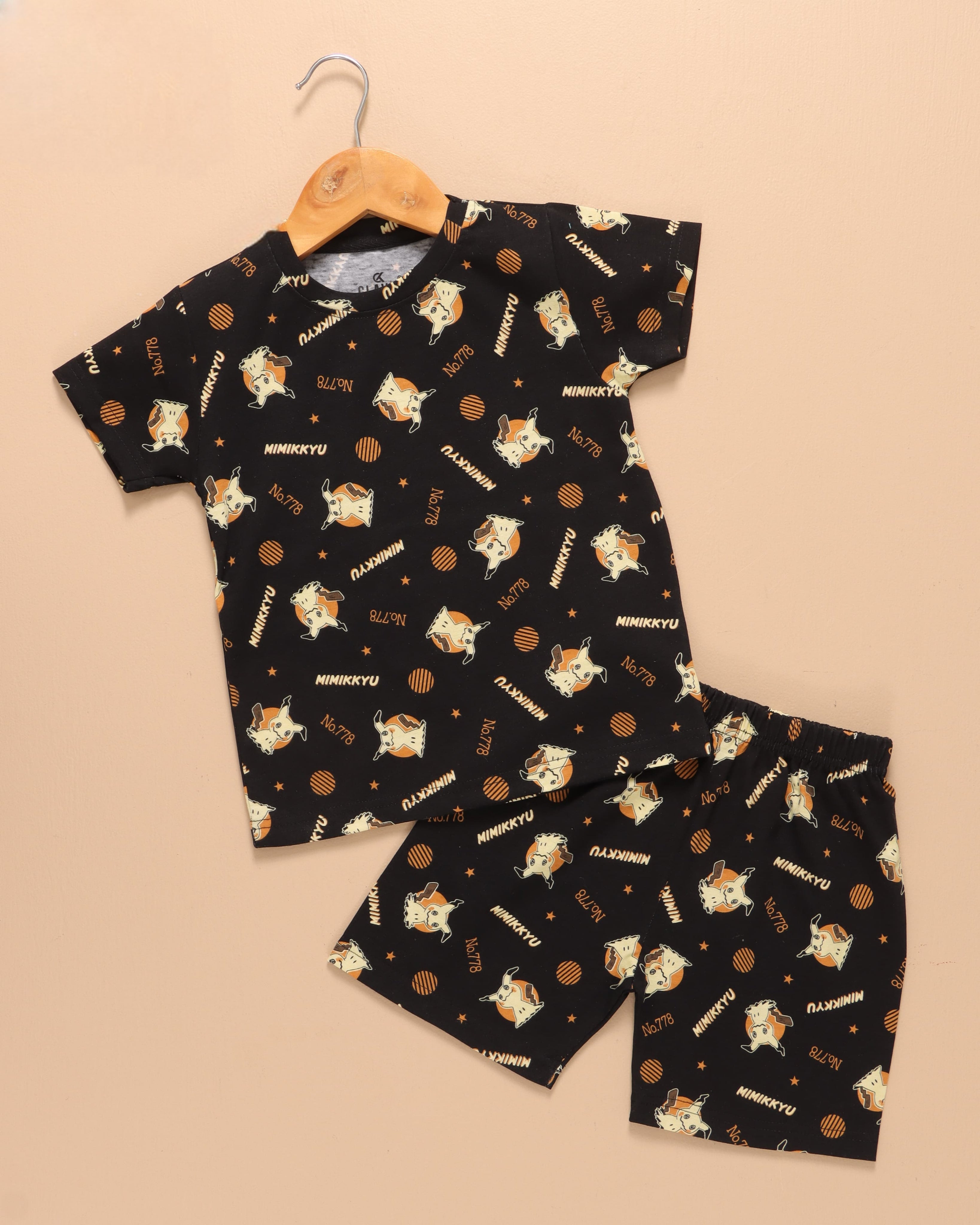 Kids Unisex Pure Cotton T-Shirt & Shorts Set – Cute Cartoon Print Comfort Wear (Black)