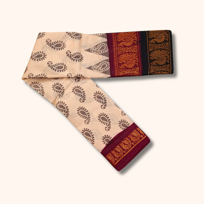 Cream Paisley Double Border Sungudi Cotton Saree – Traditional Peacock Border