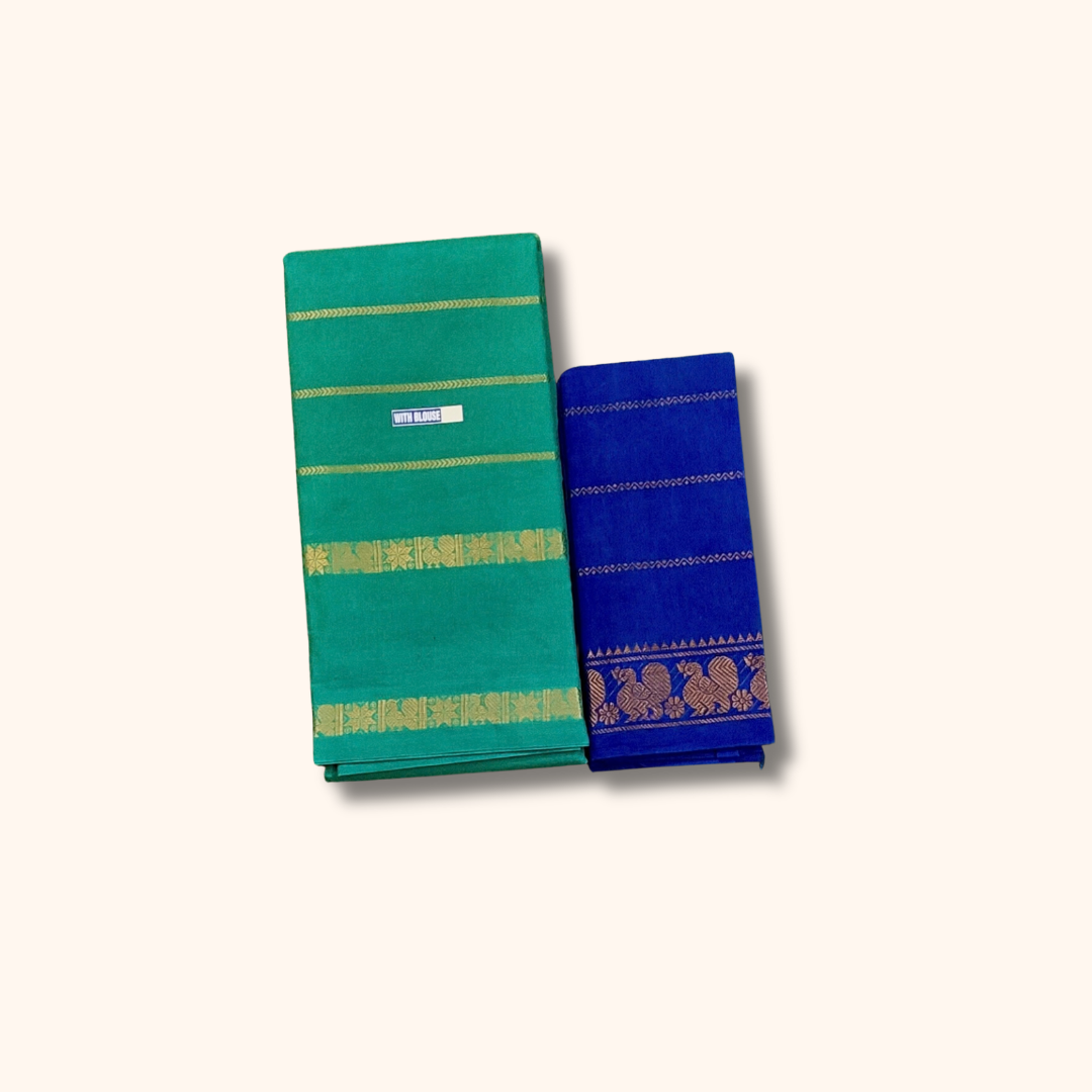 Teal Green Cotton Saree with Gold Zari Stripes & Traditional Border – Blue Blouse Piece