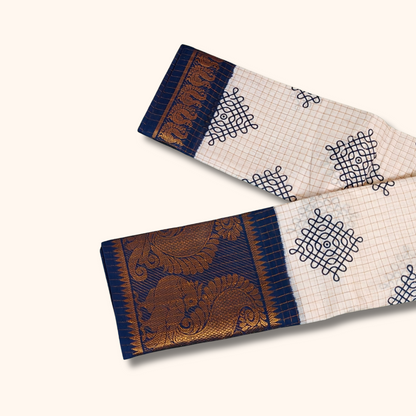White Checked Kolam Design Sungudi Saree with Navy Blue Border – No Blouse