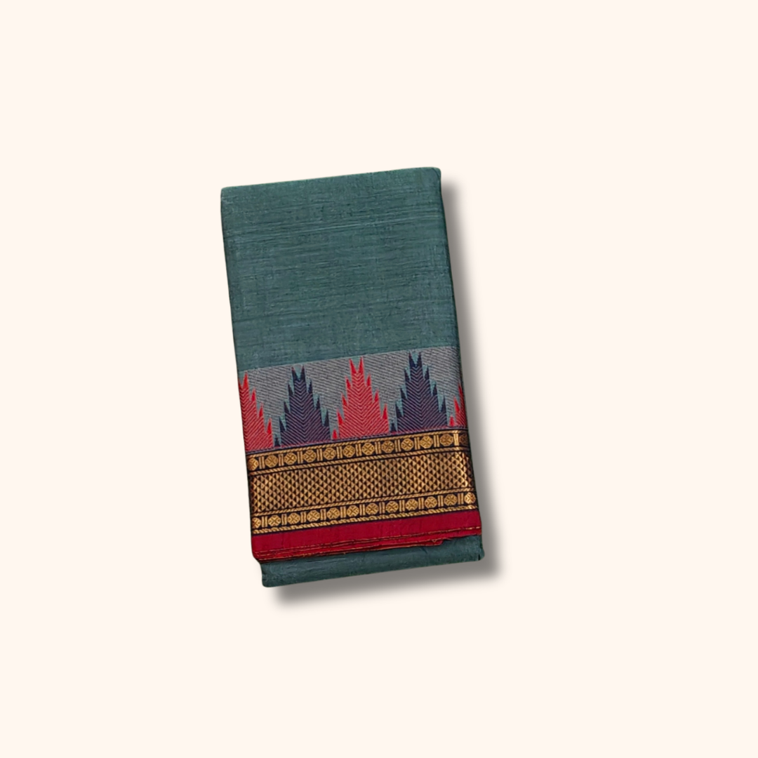 Steel Blue Chettinad Cotton Saree with Temple Border