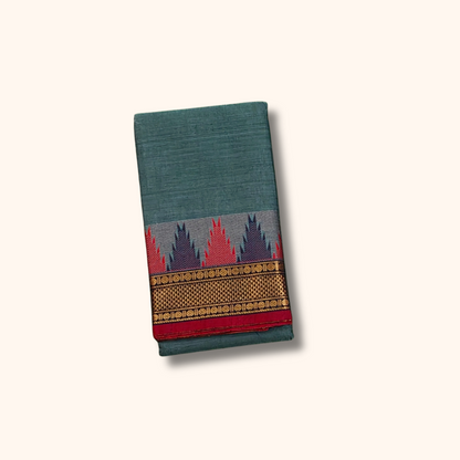 Steel Blue Chettinad Cotton Saree with Temple Border
