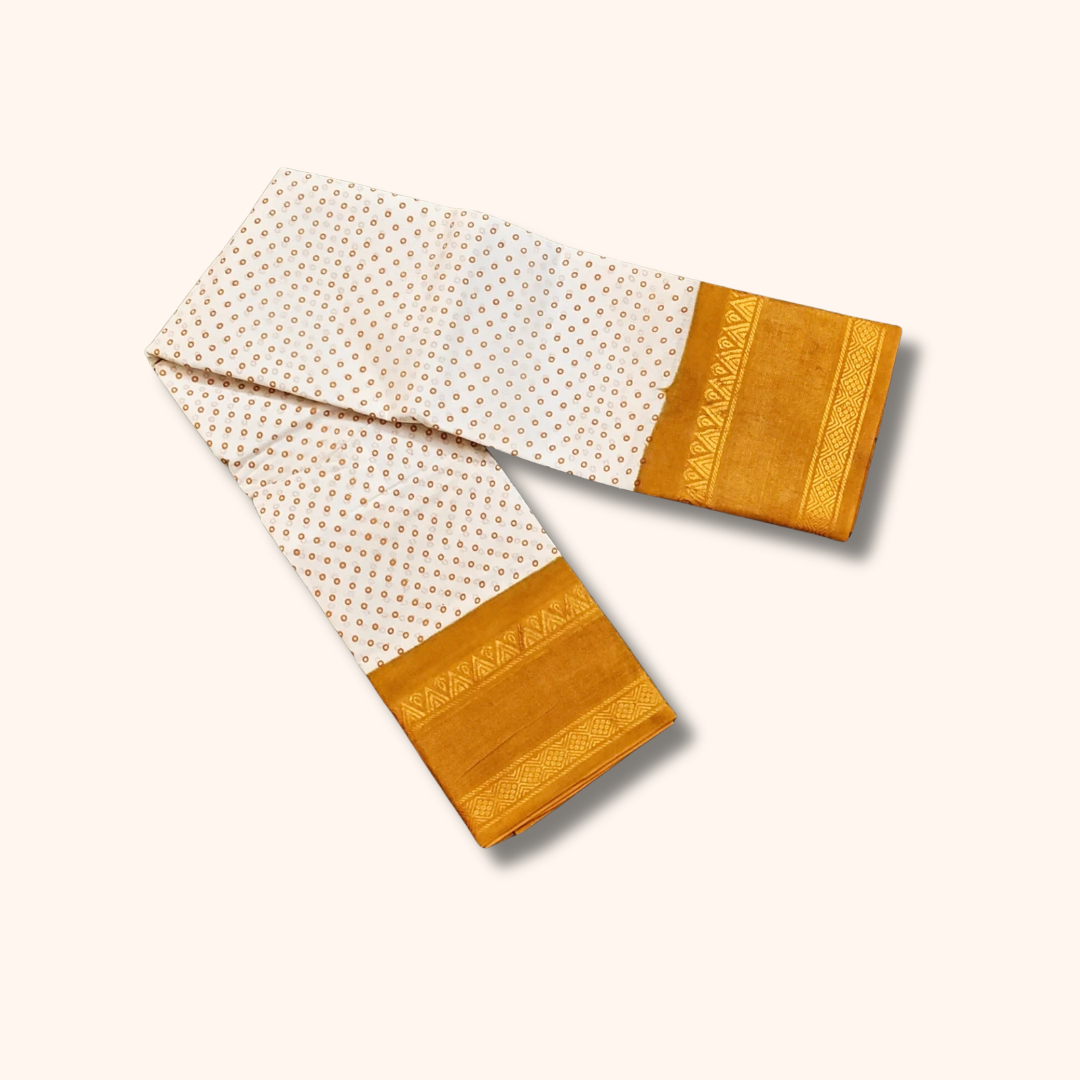 Off-White & Mustard Pure Sungudi Cotton Saree Traditional Dot Design