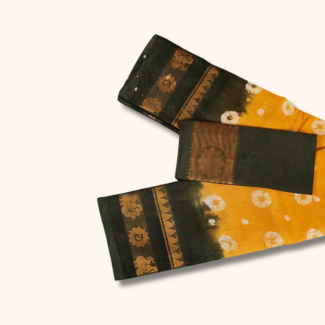 Mustard Yellow & Dark Green Pure Cotton Saree with Floral Zari Border – Running Blouse