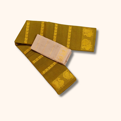 Olive Green Sungudi Cotton Saree with Peacock Zari Border