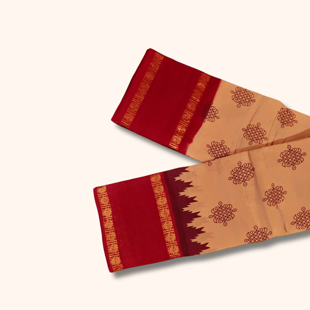 Peach Sungudi Cotton Saree with Red Traditional Border – Running Blouse