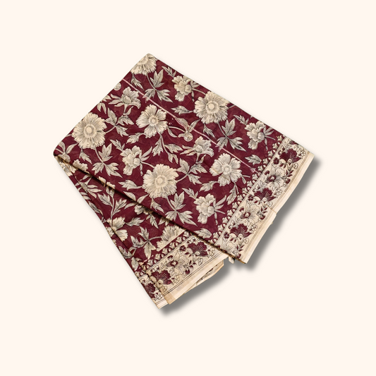 Maroon Floral Kalamkari Cotton Saree with Traditional Printed Border
