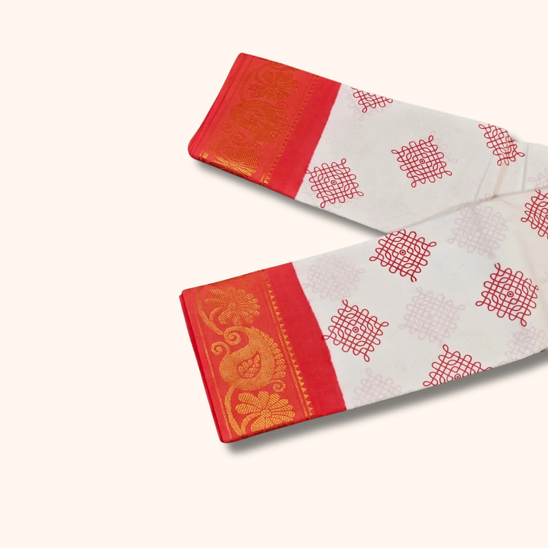 White Kolam Cotton Saree with Red Rich Zari Border