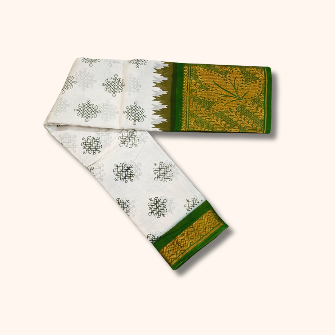 White & Green Floral Border Kolam Sungudi Cotton Saree