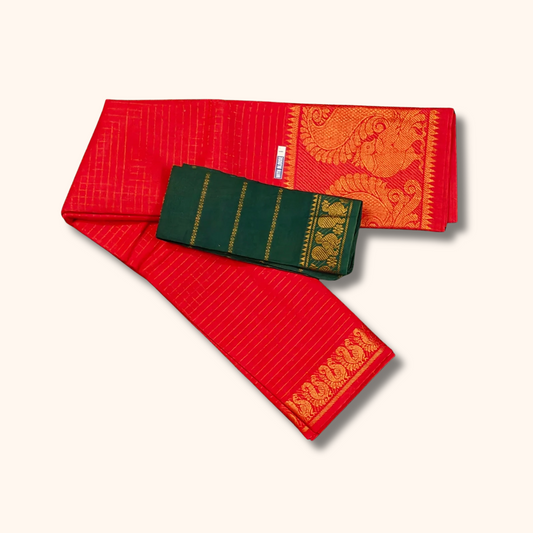 Red Checked Sungudi Cotton Saree with Peacock Zari Border