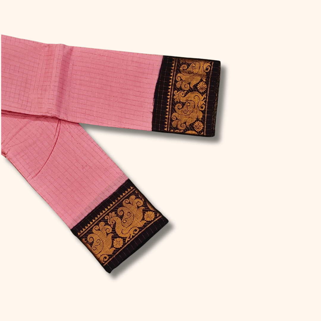 Pink Checked Sungudi Cotton Saree with Black Zari Border