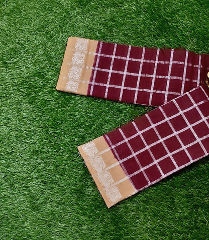 Beautiful Maroon Pavithra Kattam Cotton Saree with Silver Checks & Beige Zari Border