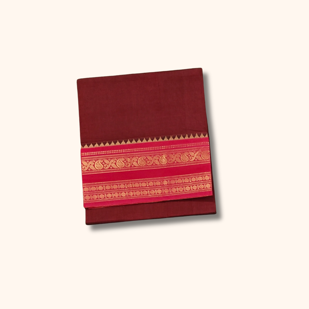Maroon Pure Chettinad Cotton Saree with Pink & Gold Traditional Border