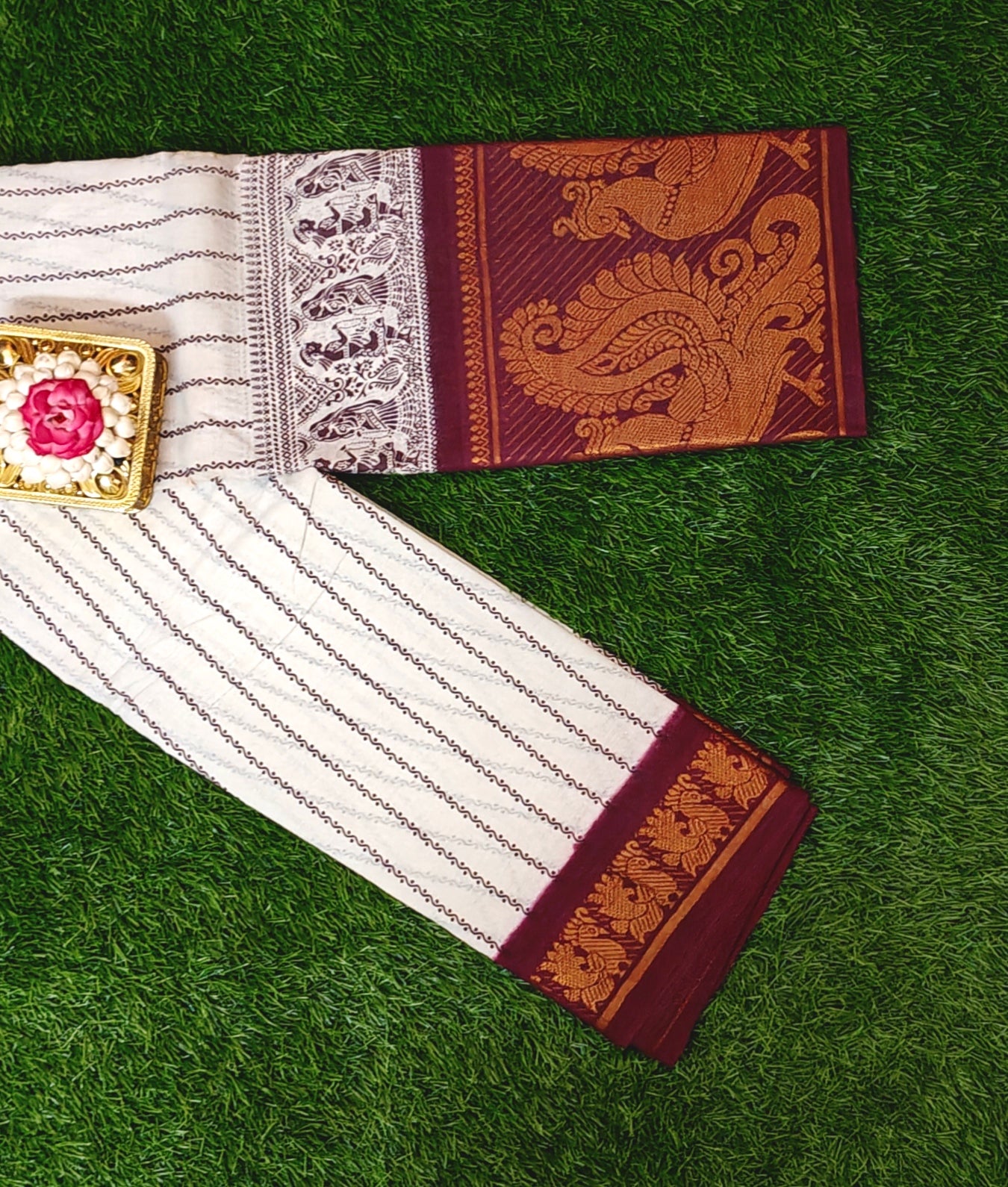 Off-White Cotton Saree with Maroon Traditional Zari Border & Rich Pallu