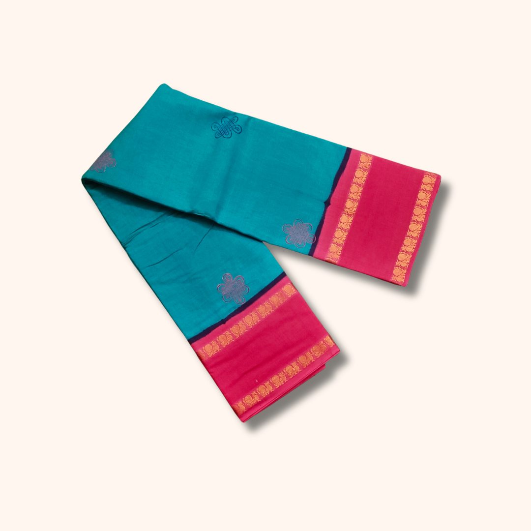 Turquoise Blue Cotton Saree with Pink Border – Running Blouse