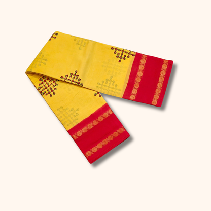 Mustard Yellow Floral Design Cotton Saree with Red Running Blouse