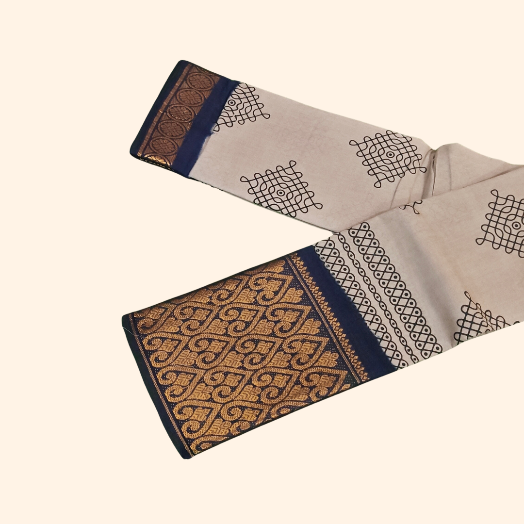Ash Grey Kolam Cotton Saree with Navy Blue Designer Border