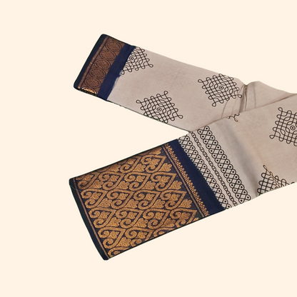 Ash Grey Kolam Cotton Saree with Navy Blue Designer Border